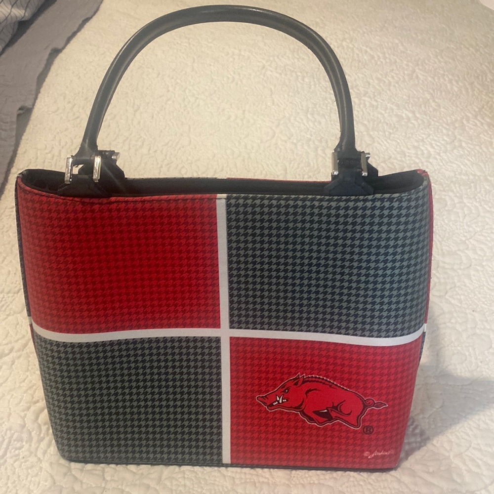 Arkansas Razorback purse.  Structured houndstooth plaid.